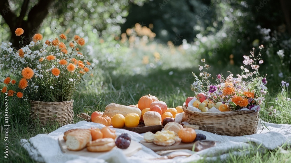 A serene picnic spread amidst a lush garden features vibrant fruits, delicate pastries, and vibrant blooms, evoking a sense of leisure and delight. A serene picnic spread amidst a lush garden features vibrant fruits, delicate pastries, and vibrant blooms, evoking a sense of leisure and delight.