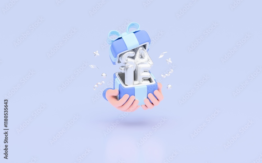 Online Shopping Concept 3D Illustration. two hands holding opened gift box with Sale balloon text inside on Blue Pastel Background. Suitable for Advertising, marketing and promotion Online Shopping Concept 3D Illustration. two hands holding opened gift box with Sale balloon text inside on Blue Pastel Background. Suitable for Advertising, marketing and promotion