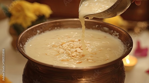 A traditional Indian setup with a pot of kheer being served at a festive table.
