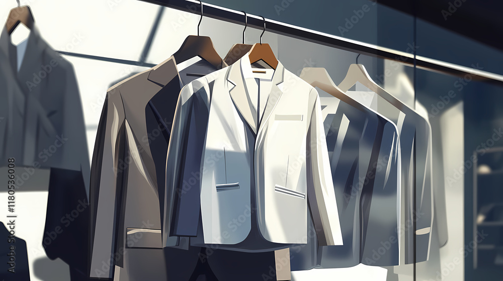 A hanger with a freshly ironed white long-sleeved men's shirt and two stylish gray suits, shown in a high-end retail store. ai generated. Ironshade. Illustration A hanger with a freshly ironed white long-sleeved men's shirt and two stylish gray suits, shown in a high-end retail store. ai generated. Ironshade. Illustration
