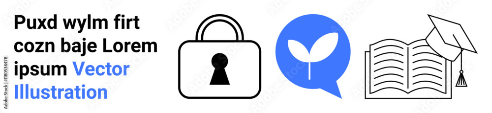 Padlock indicating security, plant in speech bubble for communication and growth, open book with graduation hat signifying education. Ideal for online courses, eLearning, data protection, academic Padlock indicating security, plant in speech bubble for communication and growth, open book with graduation hat signifying education. Ideal for online courses, eLearning, data protection, academic