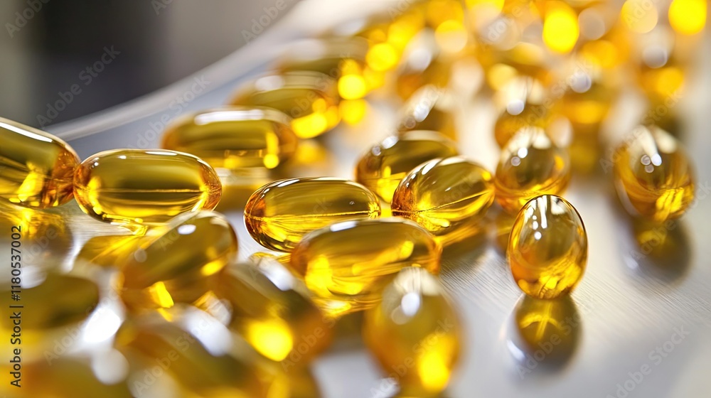 Rows of cod liver oil capsules being packaged in a clean and organized factory. Rows of cod liver oil capsules being packaged in a clean and organized factory.