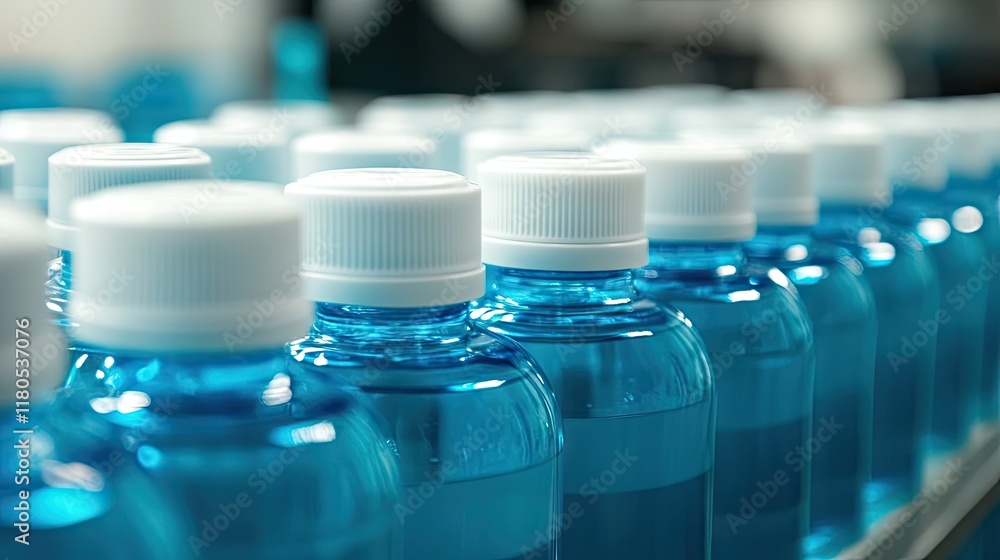 Rows of sunscreen bottles with different SPF values ready for quality assurance. Rows of sunscreen bottles with different SPF values ready for quality assurance.