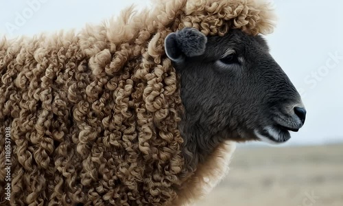 A close-up of a sheep with a distinct curly wool coat, showcasing its unique texture and features. photo