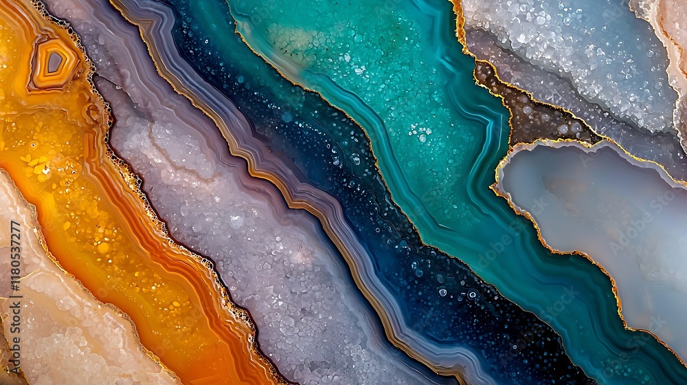 Vibrant agate slice with blue, orange, and gray bands and gold veins. Vibrant agate slice with blue, orange, and gray bands and gold veins.