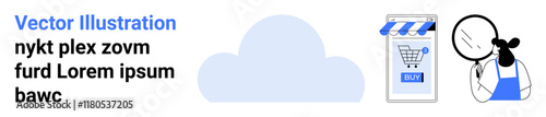 Animated woman with magnifying glass examining e-commerce website on mobile device, cloud icon. Ideal for e-commerce, app development, online shopping, cloud storage, digital marketing, SEO