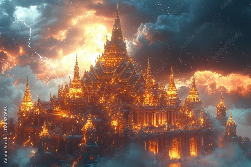 Fototapeta premium Golden temple, stormy sky, lightning strikes.