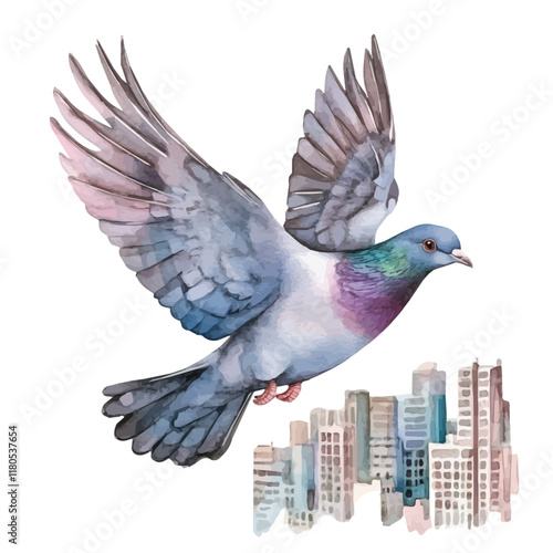 A watercolor painting of a pigeon flying over city rooftops, isolated on a white background. Pigeon city rooftops vector.
