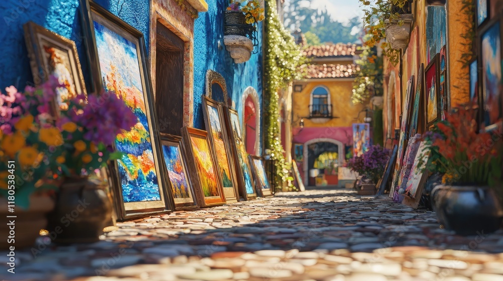 Fototapeta premium A colorful art festival with artists showcasing their work. Visitors admire paintings and sculptures while enjoying the atmosphere.