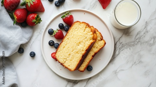 A top view of slices of a golden-brown loaf cake with fresh strawberries and blueberries on the side, a glass of milk on an elegant white plate. Commercial food photography.