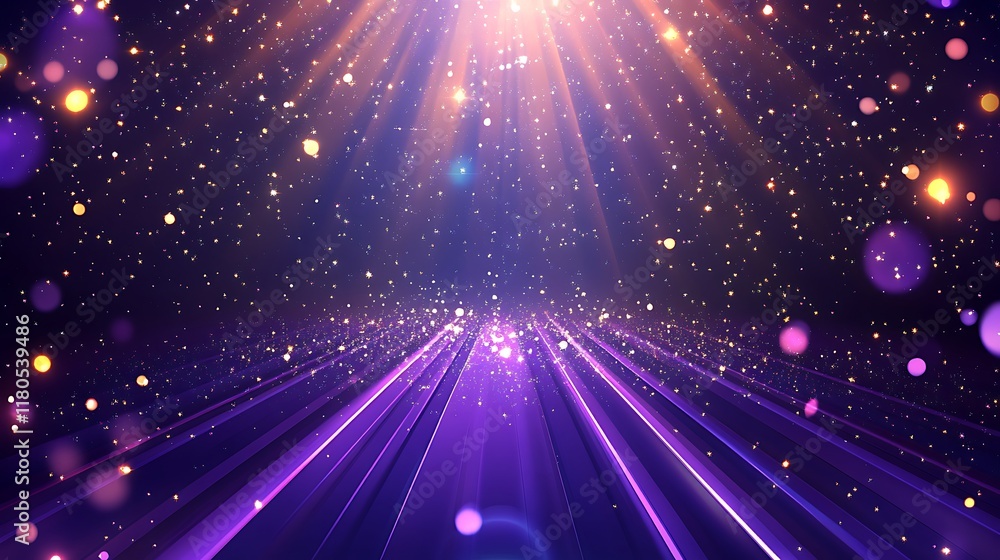 Fototapeta premium Purple Stage Lighting With Golden Glitter And Rays