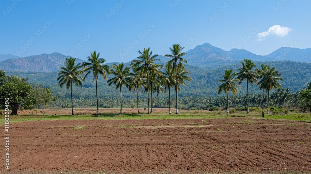 Lush green palm trees in a farmland against a mountain range. Lush green palm trees in a farmland against a mountain range.