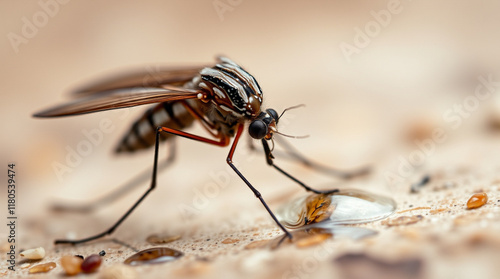 Close-up of a striking insect with black and white striped thorax, long legs, and translucent wings, drinking water droplets on a textured surface. photo