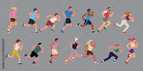 Jogging people group. Men, women crowd running. Many runners in line. Diverse joggers characters in motion, action. Sport exercise, marathon. Flat vector illustration isolated on grey background.