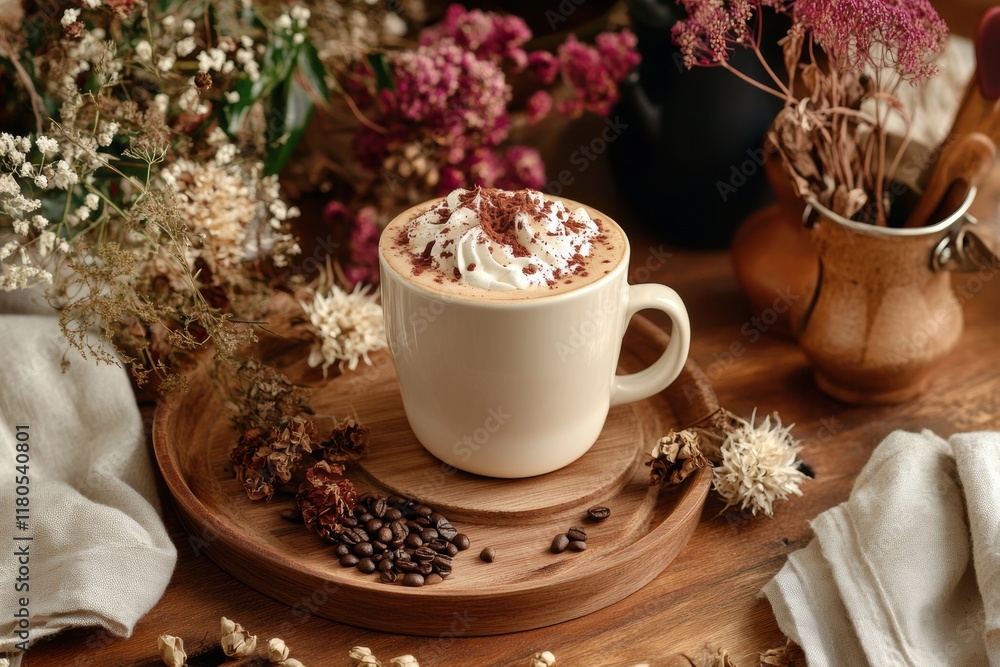 Fototapeta premium A latte cup with mocha mousse cream foam on a wooden tray surrounded by coffee making accessories and dried flowers 