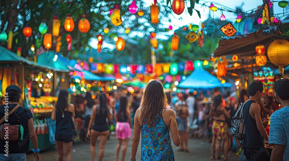 Fototapeta premium Vibrant Market Scene with Colorful Lanterns and Excited People in a Bustling Outdoor Environment