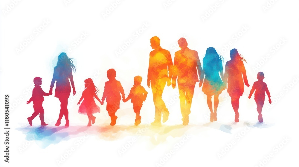 Obraz premium Colorful watercolor silhouettes of a large family walking hand-in-hand.