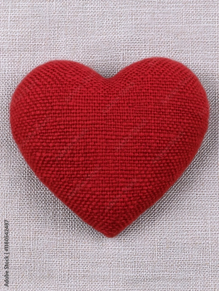 Red heart-shaped cushion on textured fabric. Red heart-shaped cushion on textured fabric.