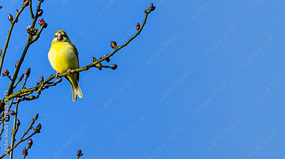 Bright Yellow Bird Perched on a Branch against Clear Blue Sky in Early Spring Setting Bright Yellow Bird Perched on a Branch against Clear Blue Sky in Early Spring Setting