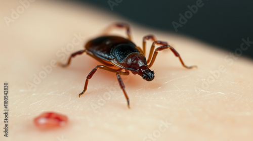 Close-up of a tick on human skin.  Note the small blood droplet nearby. photo