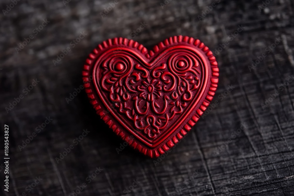 Red heart-shaped trinket box on dark wood. Red heart-shaped trinket box on dark wood.