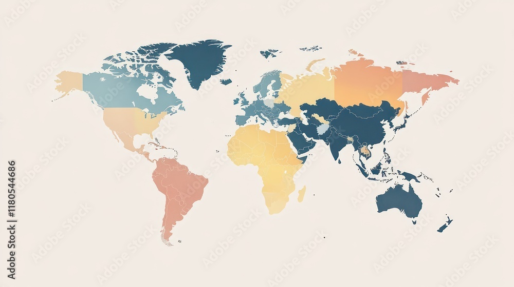 Fototapeta premium Pastel World Map with Regional Color Coding.