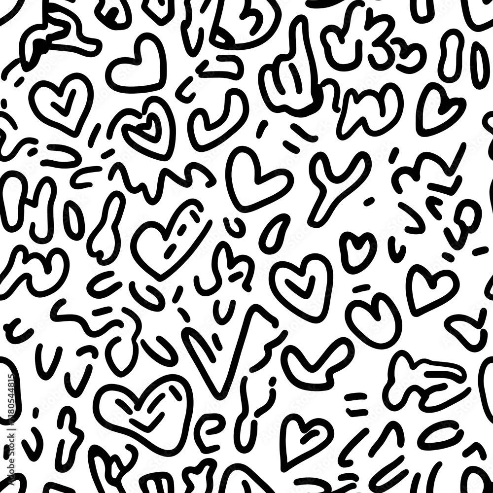 Abstract Doodle Hearts & Shapes: Bold Black Line Art Seamless Pattern Abstract Doodle Hearts & Shapes: Bold Black Line Art Seamless Pattern