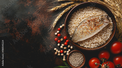 High Fiber Meals Bowl of Rice Fresh Tomatoes Colorful Grains Healthy Eating Nutrition Diet Food Photography Culinary Composition Vibrant Presentation Delicious Dish photo