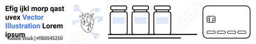 Medical vials on a shelf beside a heart diagram and a text placeholder. Ideal for medical research, healthcare, pharmaceuticals, cardiology, scientific publications, educational material, and landing