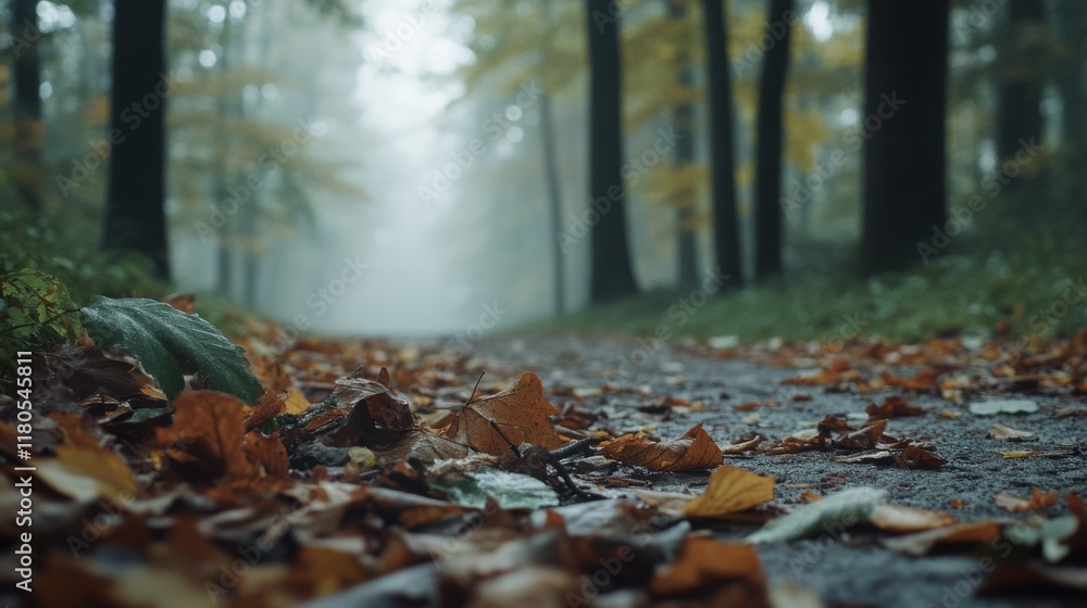 Golden leaves scattered along a misty forest path create an inviting contrast with towering trees, evoking a serene autumn wonderland. Golden leaves scattered along a misty forest path create an inviting contrast with towering trees, evoking a serene autumn wonderland.