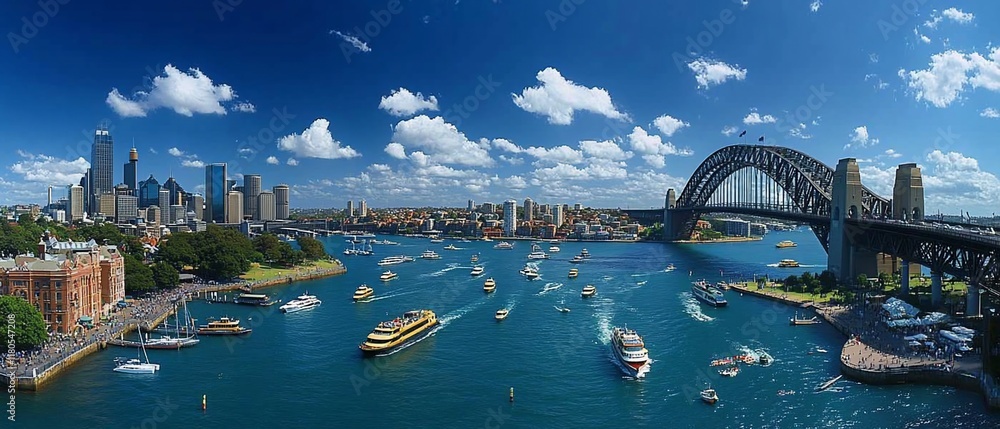 Naklejka premium Sydney Harbour Bridge, Cityscape, Boats, Sunny Day, Tourist Attraction, Stock Photo