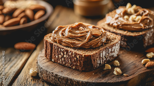 Nut Butter Spreads Close Up on Wooden Cutting Board Showcasing Delicious Organic Ingredients Healthy Lifestyle Food Photography Rustic Natural Light Composition photo