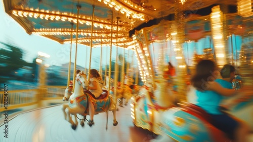 Whirling riders on a merry-go-round, captured in motion, echo joyful childhood memories. photo