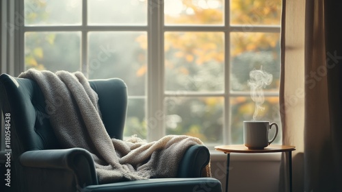 A cozy corner with a steaming cup by the window, inviting warmth, relaxation, and contemplation amidst autumn's gentle embrace and soft morning light. photo