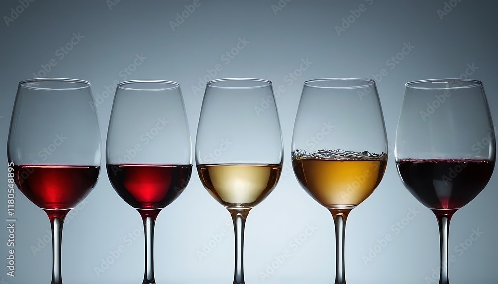 Row of Glasses with Different Wines on Transparent Background - Alcoholic Beverage Concept. 4 Row of Glasses with Different Wines on Transparent Background - Alcoholic Beverage Concept. 4