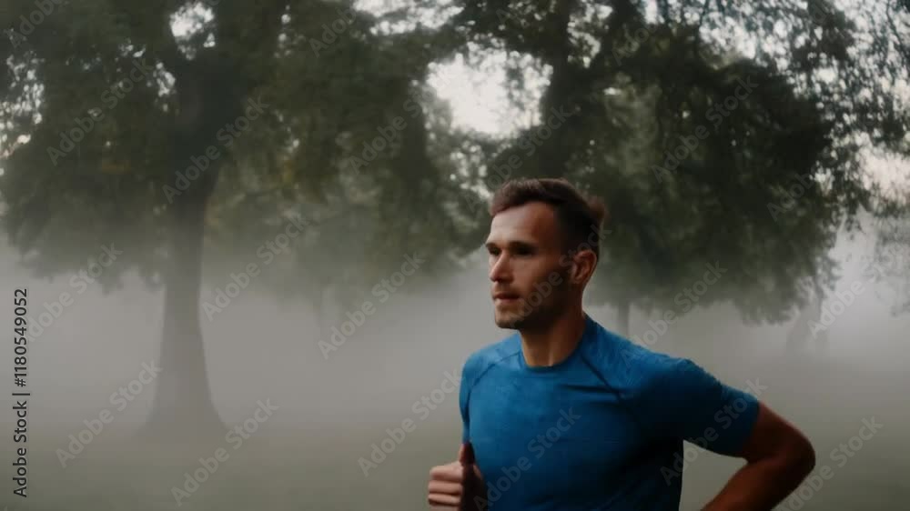 Misty Morning Run: A Man Jogging Through a Foggy Park Misty Morning Run: A Man Jogging Through a Foggy Park