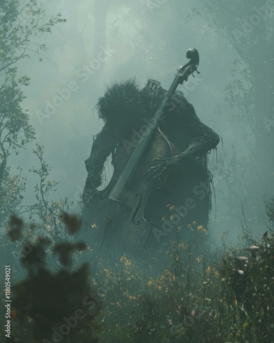 A misty forest creature plays a cello. AI. photo