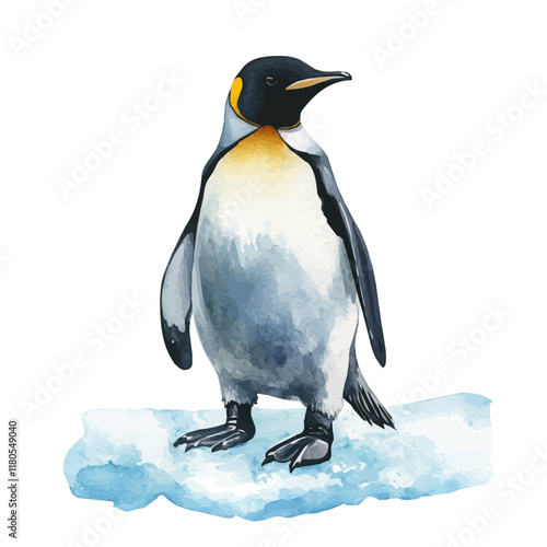 A watercolor of a penguin waddling on ice, isolated on a white background. Penguin ice vector.
