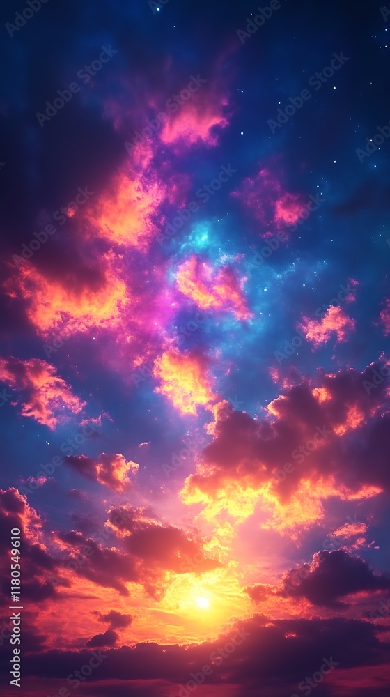 Fototapeta premium Vibrant sunset with colorful clouds and stars.