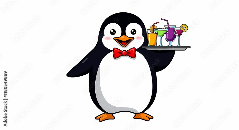 Fototapeta premium Adorable Penguin Waiter Serving Colorful Cocktails on Tray Cartoon Illustration