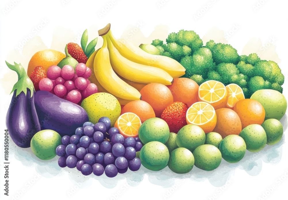 Colorful Arrangement of Fresh Fruits and Vegetables with Bananas, Grapes, Broccoli, Oranges, Limes, and Eggplants on a Bright Background for Healthy Eating Concepts Colorful Arrangement of Fresh Fruits and Vegetables with Bananas, Grapes, Broccoli, Oranges, Limes, and Eggplants on a Bright Background for Healthy Eating Concepts