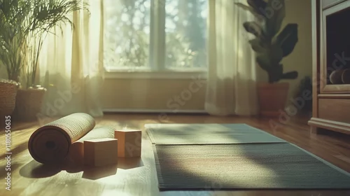 Fototapeta na wymiar Sunlight filters through a cozy room, highlighting a yoga mat, blocks, and potted plants, creating a serene space for mindfulness and relaxation.