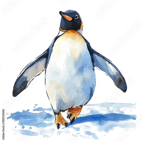 A watercolor clipart of a penguin sliding on ice, isolated on a white background. Penguin ice vector.
