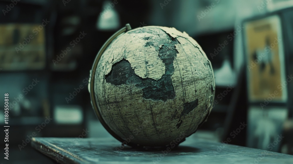 An aged, weathered globe sits on a table, its surface cracked and worn, symbolizing the passage of time and curiosity about the world. An aged, weathered globe sits on a table, its surface cracked and worn, symbolizing the passage of time and curiosity about the world.