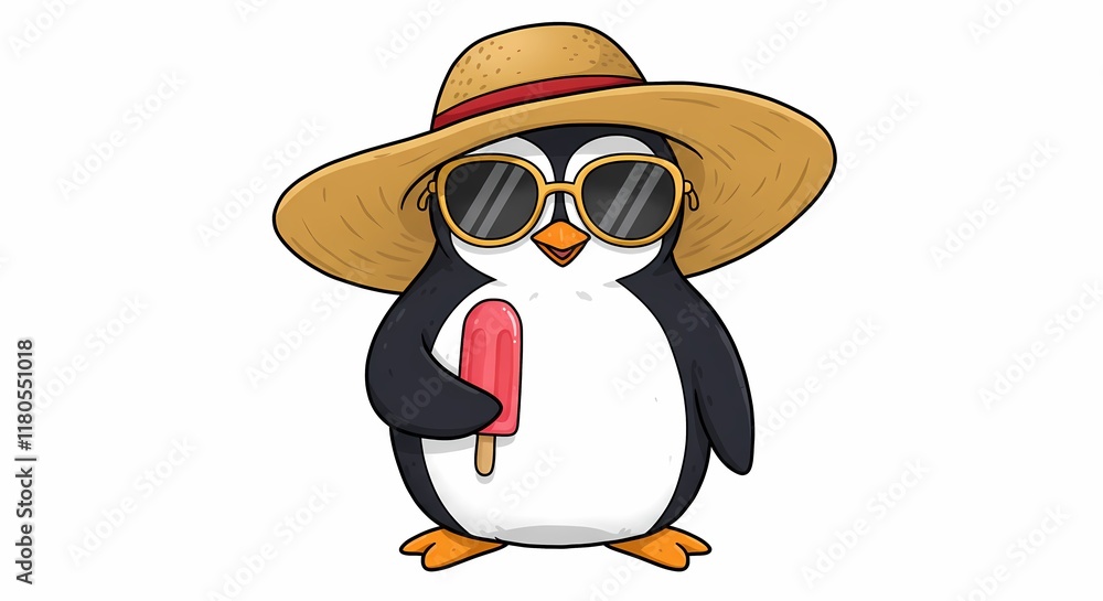 Obraz premium Cool Penguin in Summer Hat Sunglasses Enjoying Popsicle