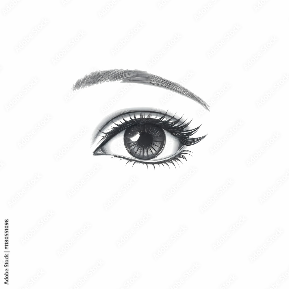 Single female eye black and white sketch art. White background. Single female eye black and white sketch art. White background.