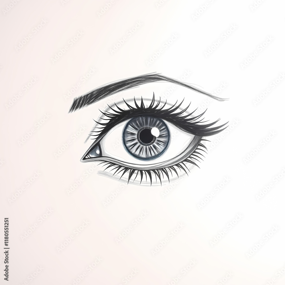 Single female eye black and white sketch art. White background. Single female eye black and white sketch art. White background.