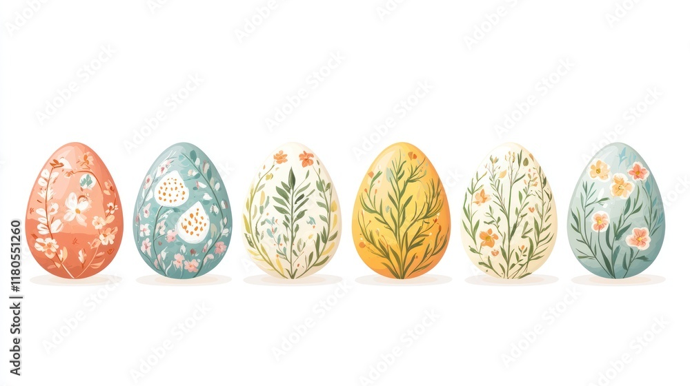 Six pastel Easter eggs decorated with floral patterns. Six pastel Easter eggs decorated with floral patterns.