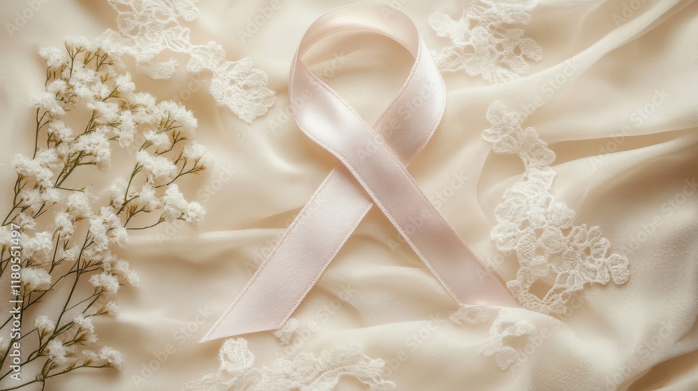 Fototapeta premium Pale Pink Ribbon on Cream Fabric with Delicate Flowers