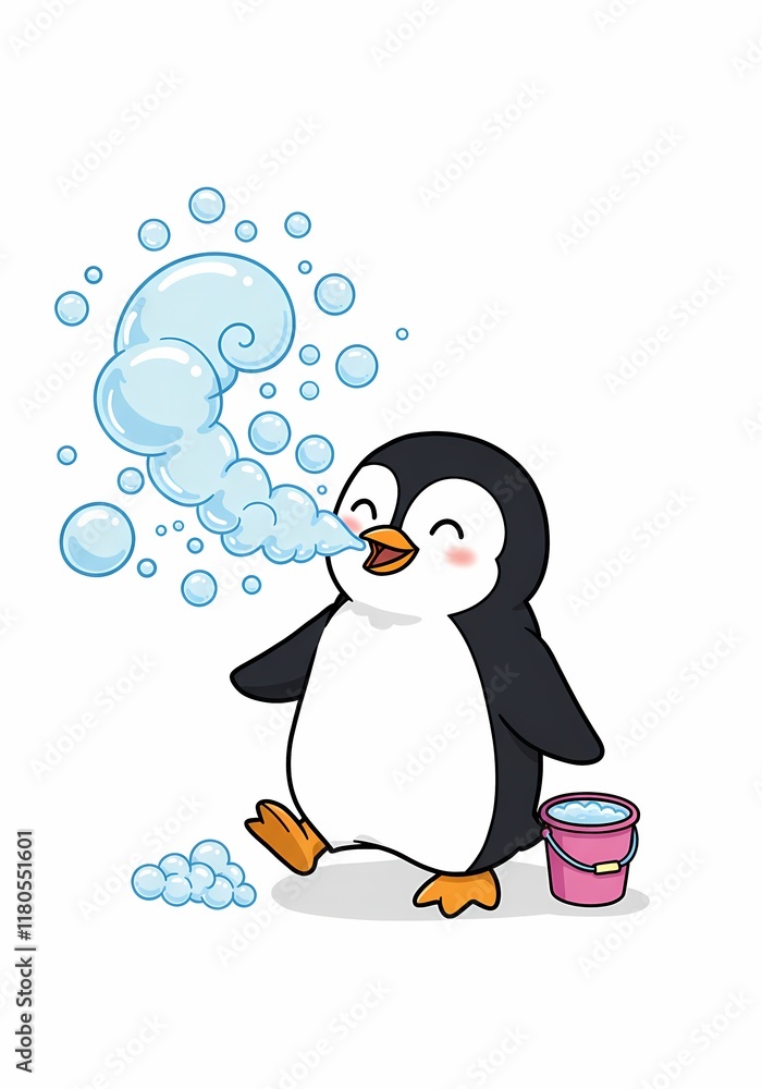 Fototapeta premium Adorable Penguin Blowing Bubbles Cute Cartoon Character Winter Animal Illustration